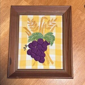 Rustic Grape Embroidery Art in Wooden Frame